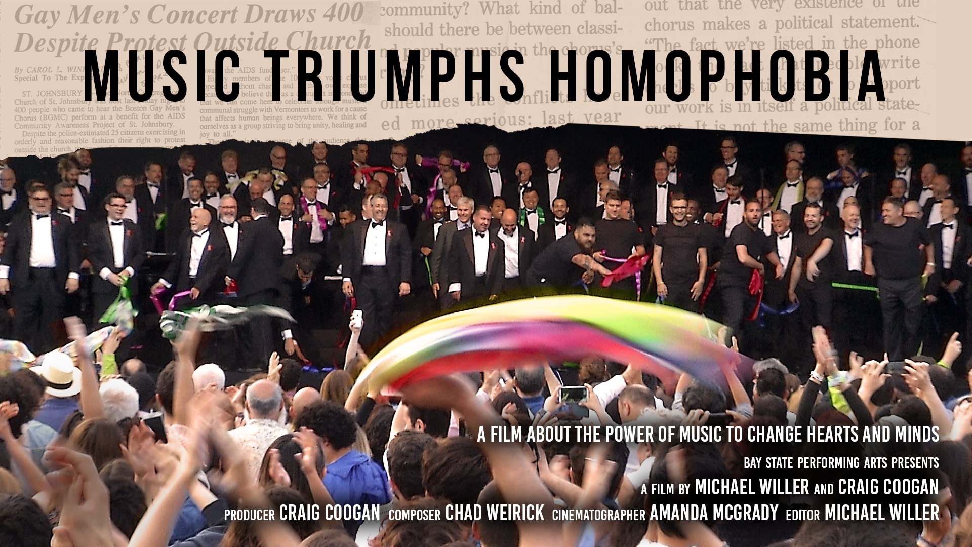 Title Music Triumphs Homophobia Members of the Boston Gay Men's Chorus performing on stage as an audience member waves a rainbow pride flag
