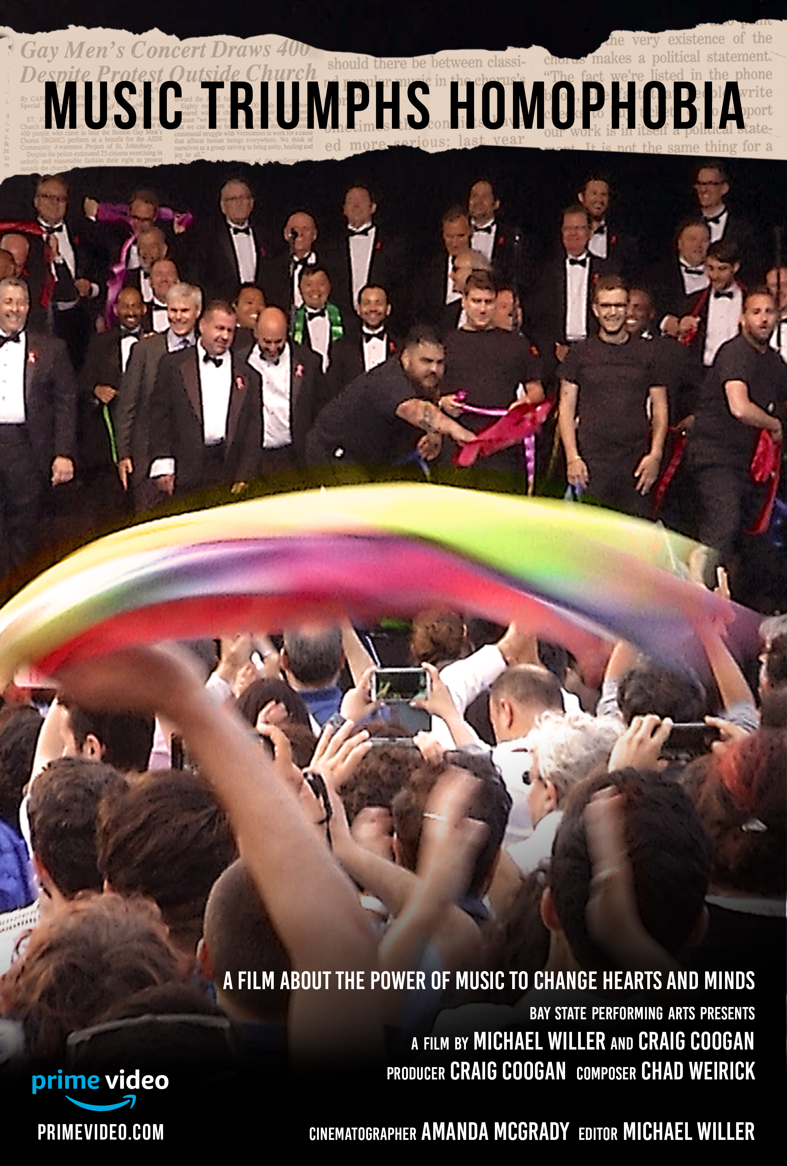 Poster titled Music Triumphs Homophobia showing the Boston Gay Men's Chorus and a rainbow pride flag